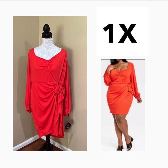Ava & Viv Dresses & Skirts - Wrap Around stretch Red cinched waist Ballon Sleeve flattering dress